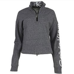 Calvin Klein designer cropped half zip up / quarter zip pullover grey sweat jacket white logo
