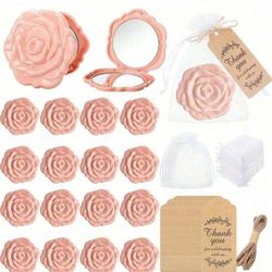 30  PCS / Bridal Gift Makeup Mirror Set, Includes Dark Green Rose Makeup Mirror, Green Leaf Thank You Card, Transparent Organza Drawstring Bag