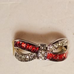 Silver Tone Ring With Simulated Red And Clear Stones