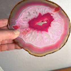 Agate Slice   Crystal In Center !  Hot Pink And Light Pinks 