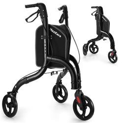 3-Wheel Walker for Seniors Foldable Rollator Walker with 8'' Wheel Lightweight, 300Lbs Weight Capacity, Height Adjustable, Black  wheel roll