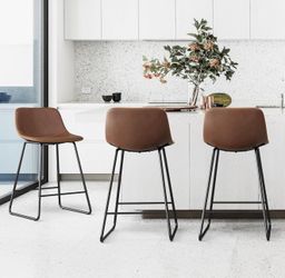 24'' Counter Stools Set of 3 with Back Faux Leather for Home Kitchen Island, Brown