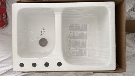 Cambridge Drop-In Acrylic 33 in. x 22 in. x 10-1/2 in. 4-Hole Double Basin Kitchen Sink. Color: Bone New!!!, Never Been Installed Stain, rust and oxid