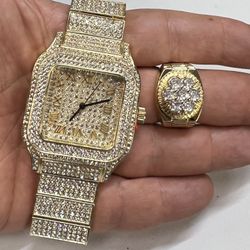 Beautiful New Icy Hip Hop Cz Gold Band Designer Watch And Men Ring