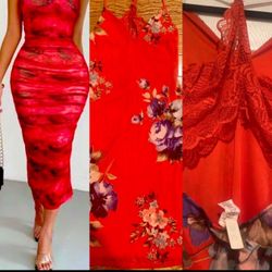 Steps NY women's STATEMENT red mesh floral cutout bodycon Midi dress size L