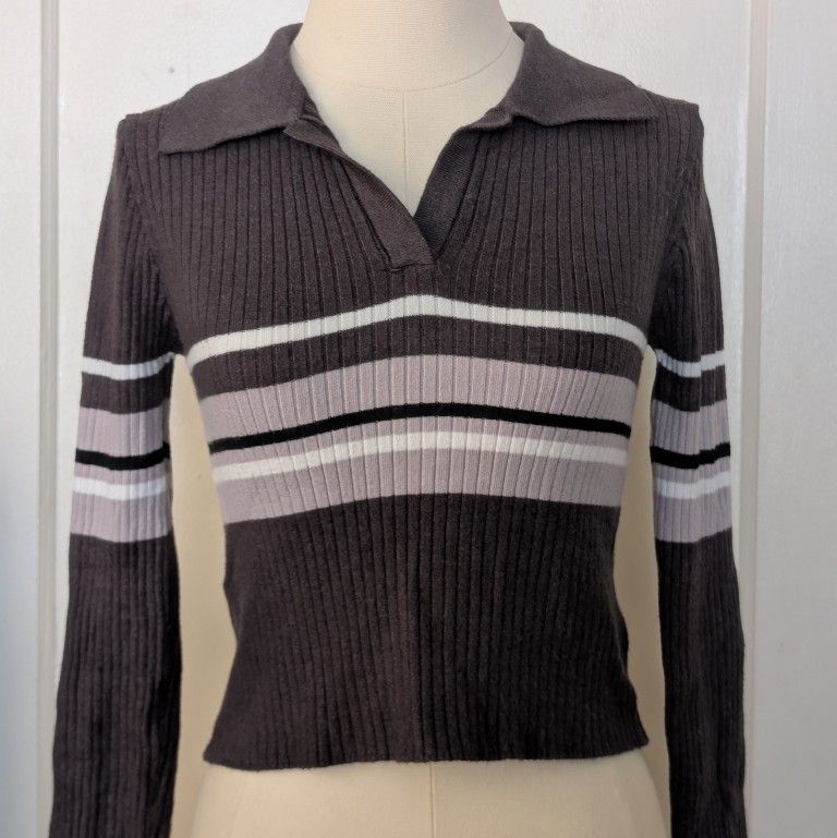 Grey Long Sleeve Blouse fits Small Medium Striped with Collar