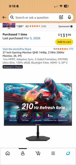 ArcticPro 27” Gaming Monitor – 210Hz / 1440p QHD – Like New