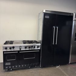 Viking 48” Black Gloss Kitchen Bundle Set Viking 48” Built In Refrigerator And Viking 48” Gas Range Stove