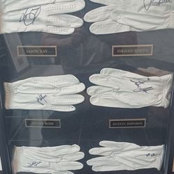 SET OF 6 AUTOGRAPHED PRO GOLFERS GLOVES FRAMED 