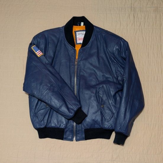 Vintage Michael Hoban United States Navy Armed Forces Navy Blue Leather Bomber Jacket