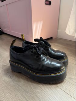 Dr Marten black leather platform loafer with ribbon ties