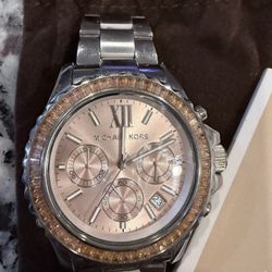 Michael Kors MK5870 Watch Rose Gold Dial Silver Stainless Steel Chronograph Women