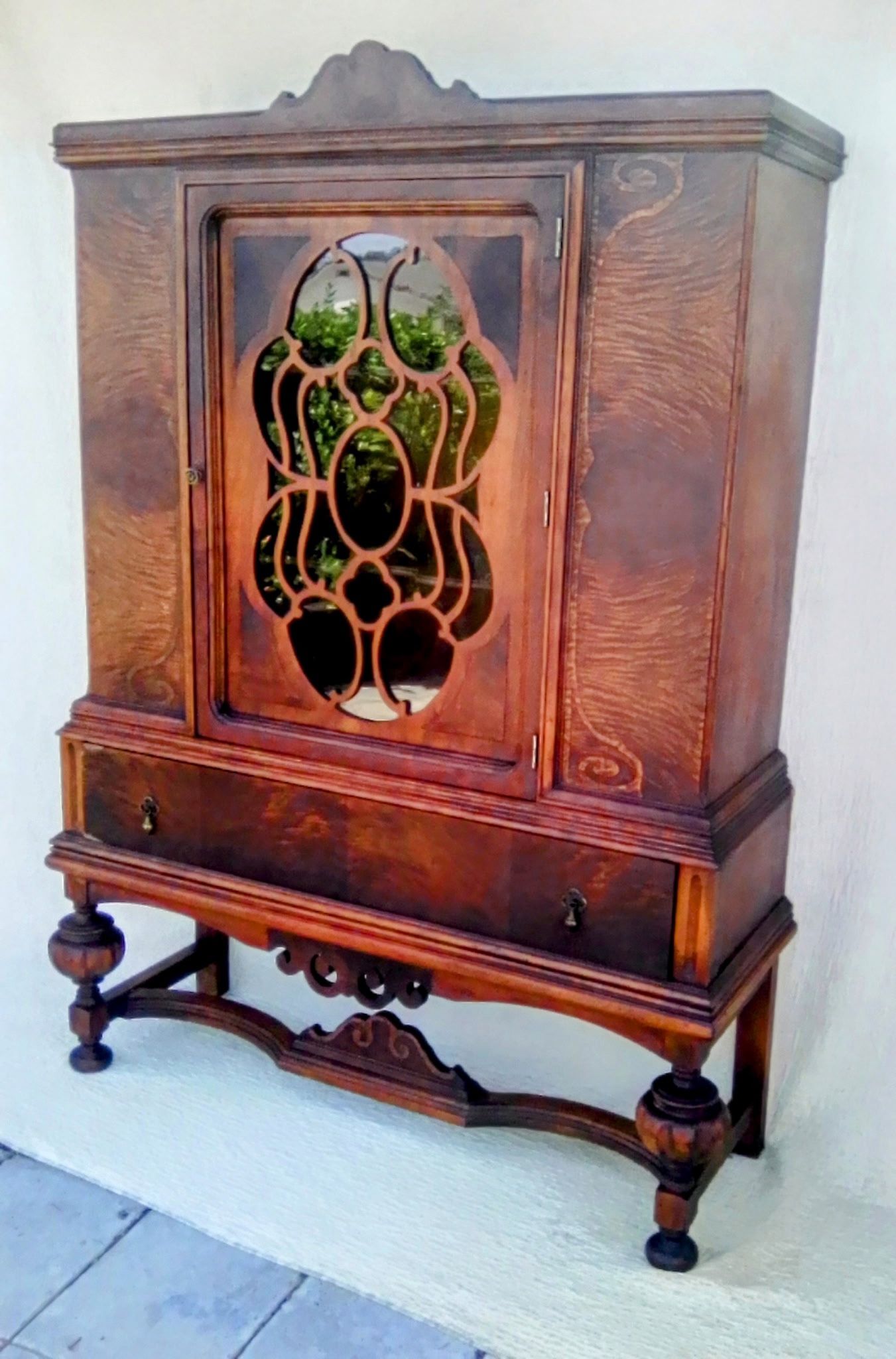 Jacobean Rich Inlaid Walnut China Cabinet 1930c