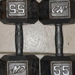 PAIR OF 55 LB. STEEL HEX CAP DUMBBELLS
