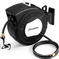 100ft Retractable Garden Hose Reel by HOZEREEL, 1/2" Hybrid Rubber Hose, Water Hose Reels Automatic Rewind Storage, 10 Patterns Nozzle Included (1/2" 