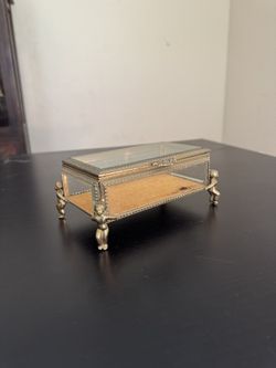 Vintage Ormolu Beveled Glass Jewelry Casket Trinket Box w/ Cherub Feet & Velvet Liner