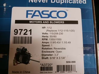 NEW FASCO ORIGINAL 9721 REFRIGERATION FAN MOTOR $75 EACH, 2 FOR $120