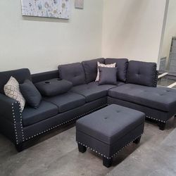 ✅️✅️3 pc charcoal linen like fabric sectional sofa drop down cup holder chaise and ottoman nail head trim ✅️