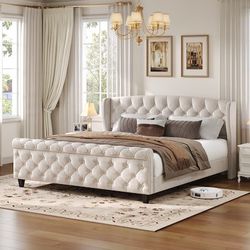 Christopher Knight Home Maloa King Size 43.3 inches Tall Velvet Upholstered Sleigh Bed with Wingback Headboard and Scroll Footboard $150