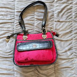 Burgundy Heart Print Handbag Black Croc Embossed Satchel Purse New