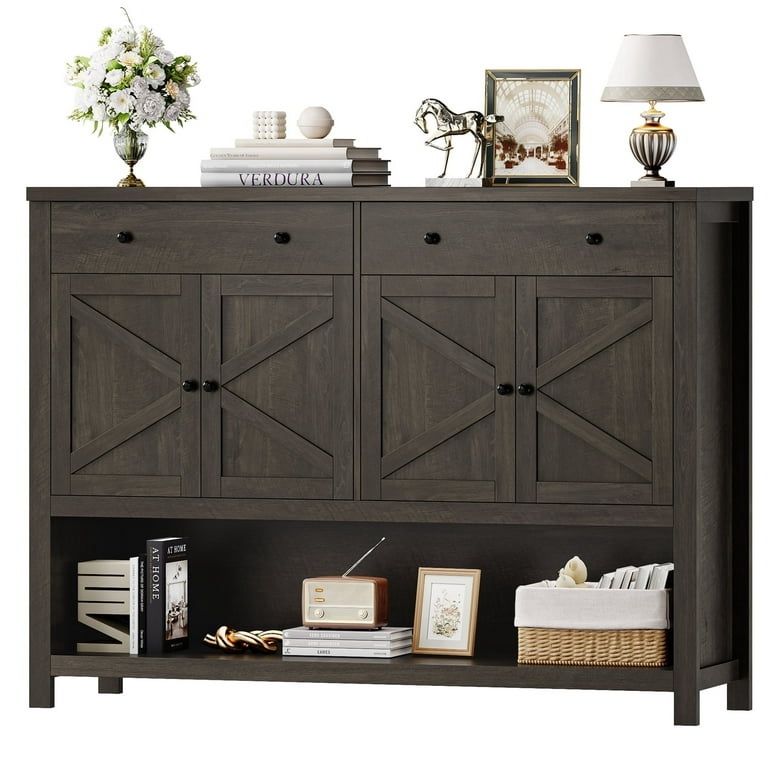 55.1" W Farmhouse Console Table with 2 Drawers, Entryway Sofa Table with Storage Shelf, Dark Brown