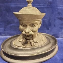 Asian Bust Of A Man Fu Manchu Mustache Pen Holder Antique Pewter Inkwell