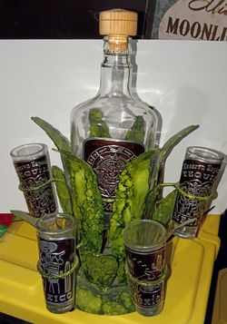 Vintage Mexican Tequila Decanter Set with 6 Metal Overlay Shot Glasses & Agave Caddy