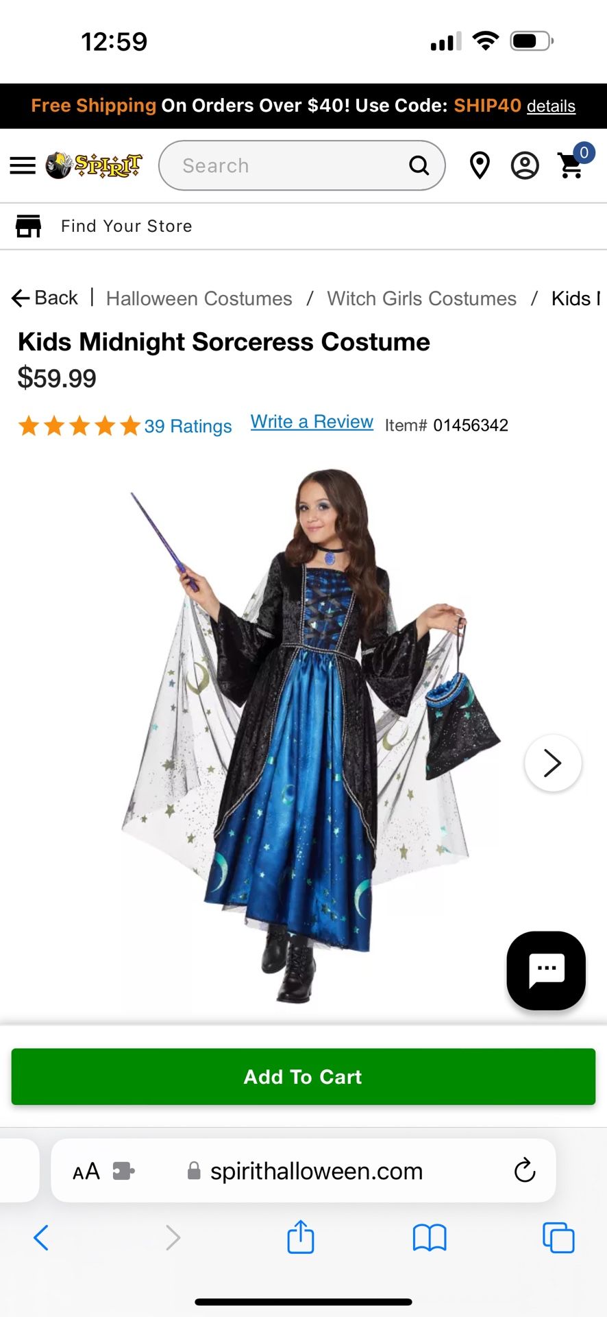 Spirit Halloween Kids Midnight Sorceress Costume Size XL