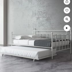 New open box item queen daybed with full trundle has a scratch posted in pictures mattress not included