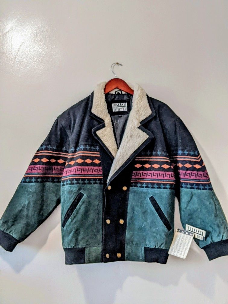 Vintage 90s Tuskany style bomber suede leather ethnic Aztec boho jacket sherpa