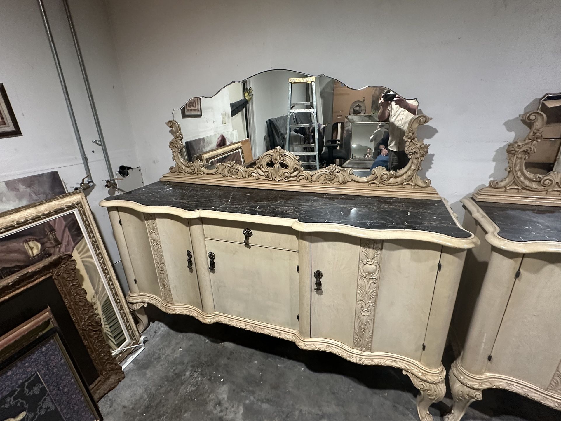 Marble-Top Dresser/Cabinet w/ Attached Mirror – Ornate Vintage Cream