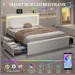 Queen Size Bed Frame with 4 Storage Drawers and LED Lights, Upholstered Platform Bed with Adjustable Headboard and Charging Station, Metal Slats Suppo