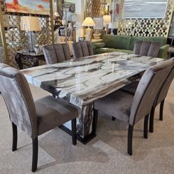 Faux Marble Dining Table + 6 Side Chairs