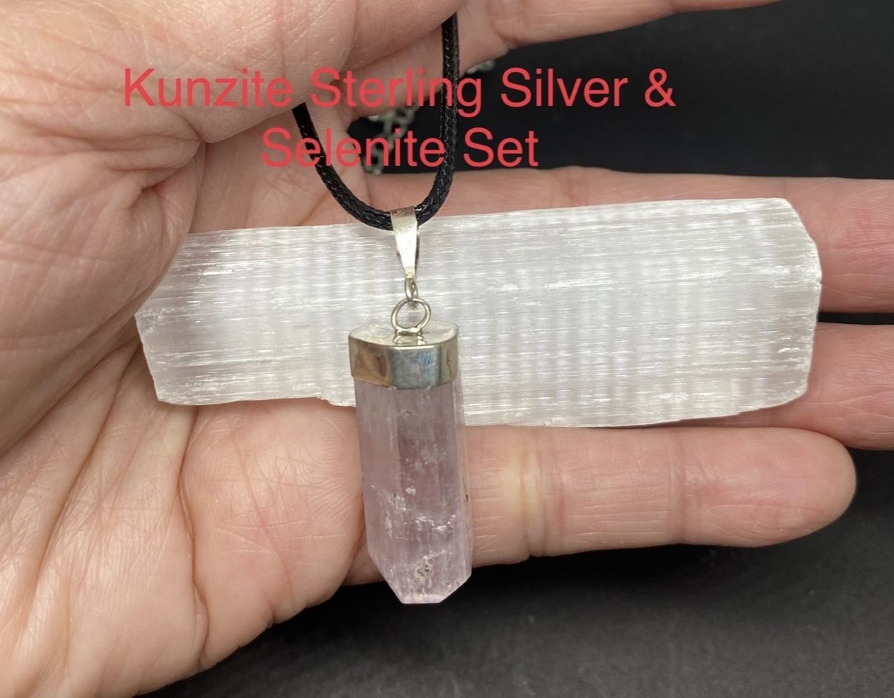 Kunzite Genuine Stone Sterling Silver Pendant & Selenite Stick Set
