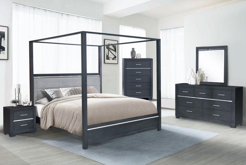 Grey 5 Piece Queen Canopy Bedroom Set (New In Box)