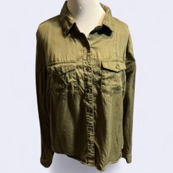 Iris Women’s Blouse Bottom Up Long Sleeve Pocket Green SZ L