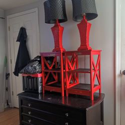 Red Table And Lamps For Sale