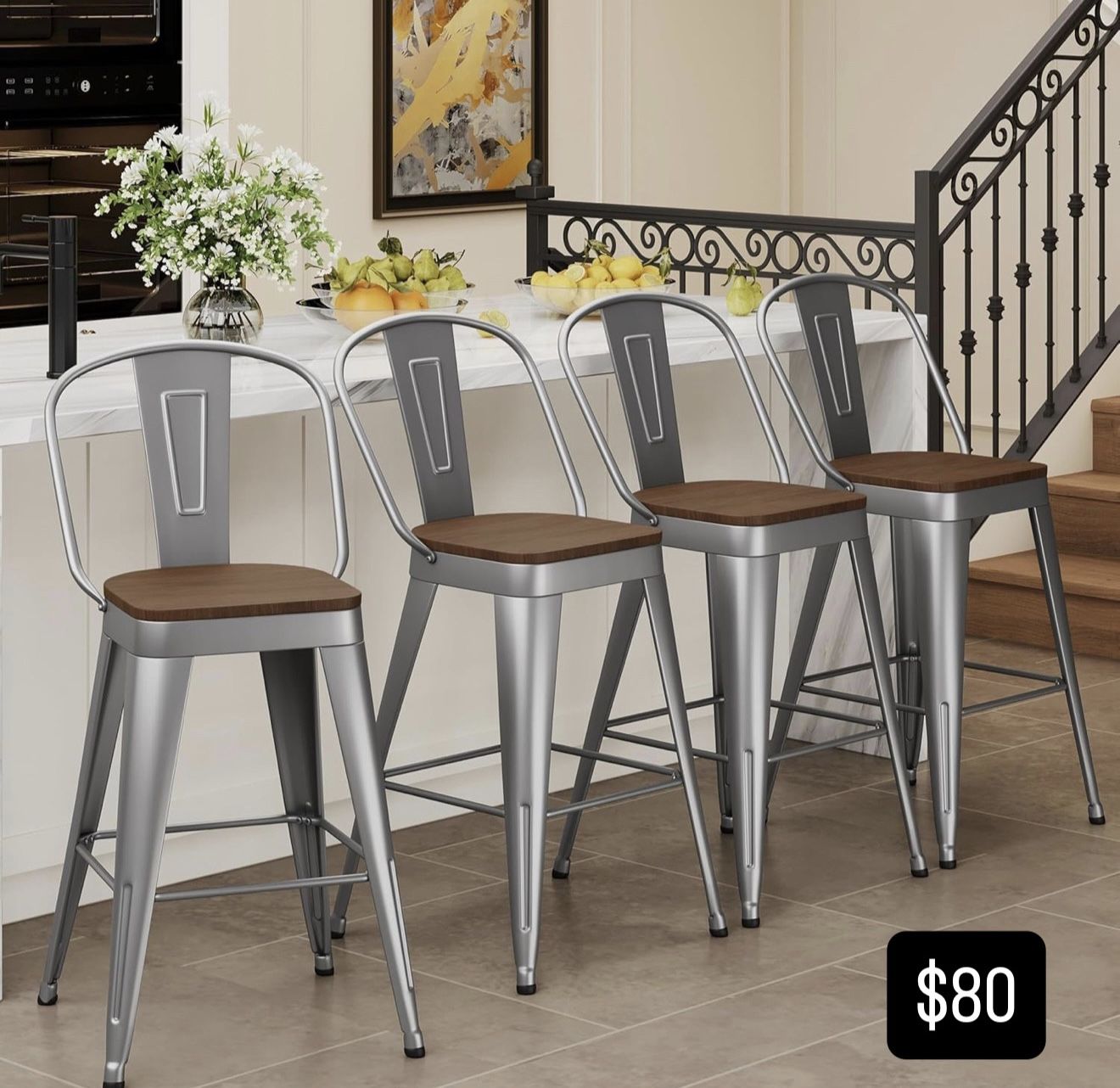 Metal Barstools Set of 4 Counter Height Bar Stools 