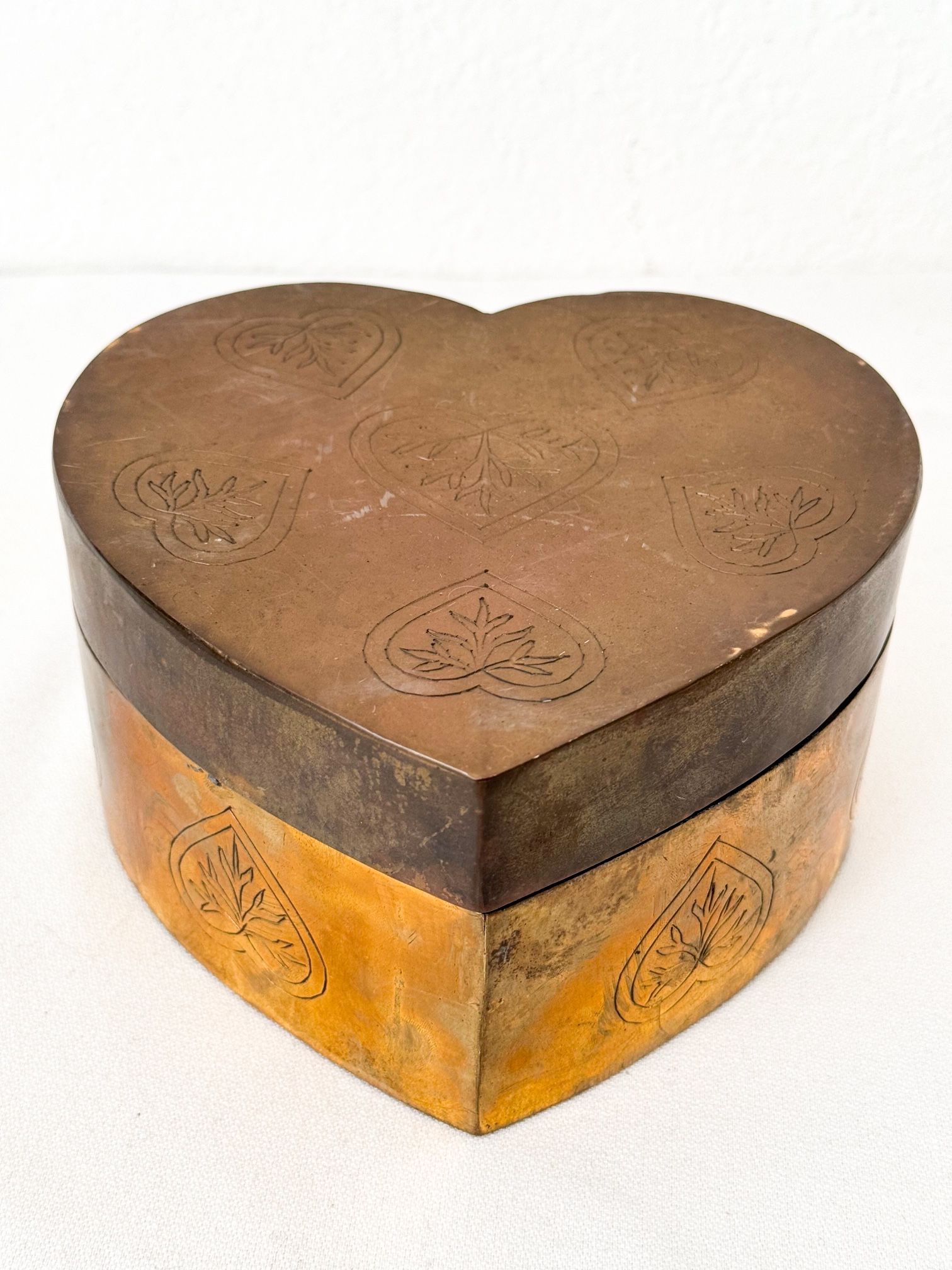 Vintage Brass Heart Shaped Trinket or Jewelry Box, Etched, Made in India 6”
