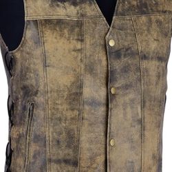 Men’s Genuine Leather Motorcycle Riding Biker Vest Classic Vintage Club Brown - Large
