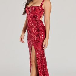 Red Moira Lace-Up Bodycon Sequin Formal Dress