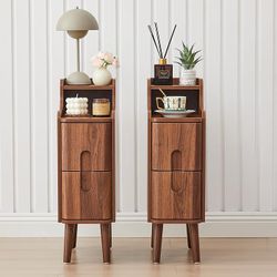 Nightstand Set of 2, Wood 2 Drawer Small Nightstand, Slim Side Table, Modern Skinny End Bedside Table, Natural Wood Night Stand with Drawers for Bedro