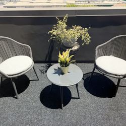 3 Piece Bistro Set, Woven Rope Chair with Cushions, All Weather Patio Conversation Set with Side Table, Ideal for Deck, Balcony, Poolside, Gray