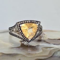Vintage Sterling Silver Citrine and Champagne Diamond Ring, Size 7