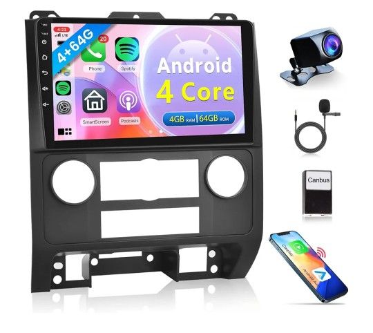4Core 4G+64G Car Radio for Ford Escape 2007-2012/Mazda Tribute 2007-2012, Rimoody Android Car Stereo Carplay Android auto 9 Inch Touch Screen GPS