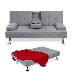 Upholstered Convertible Sofa Bed Futon w/ 2 Cupholder