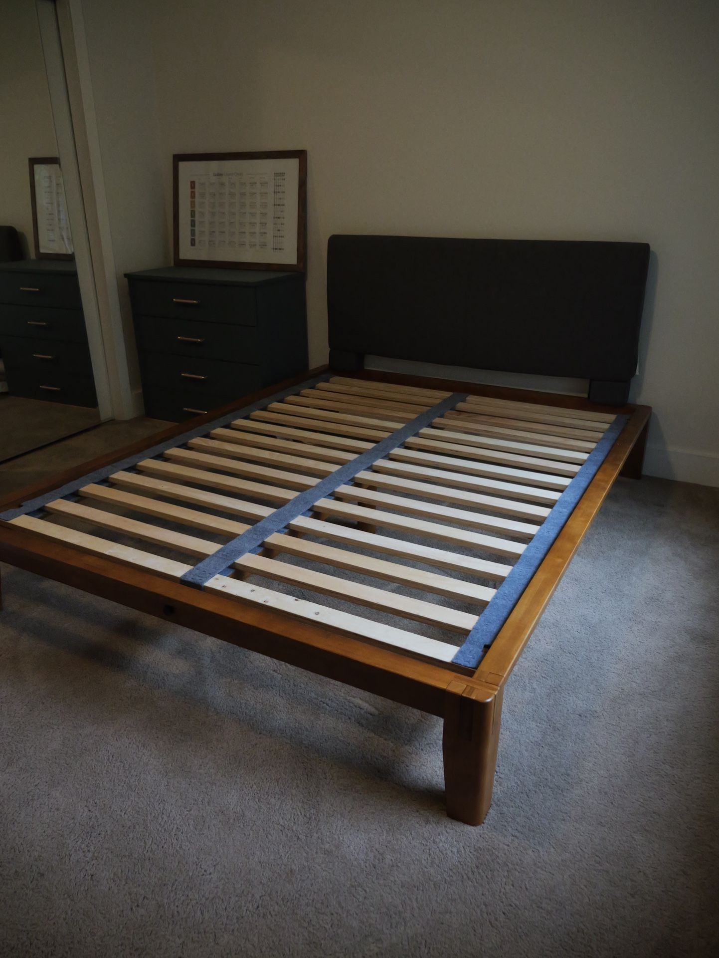 Thuma Bed Frame Queen Size. Grey Pillow board + Risers. Walnut Stain.