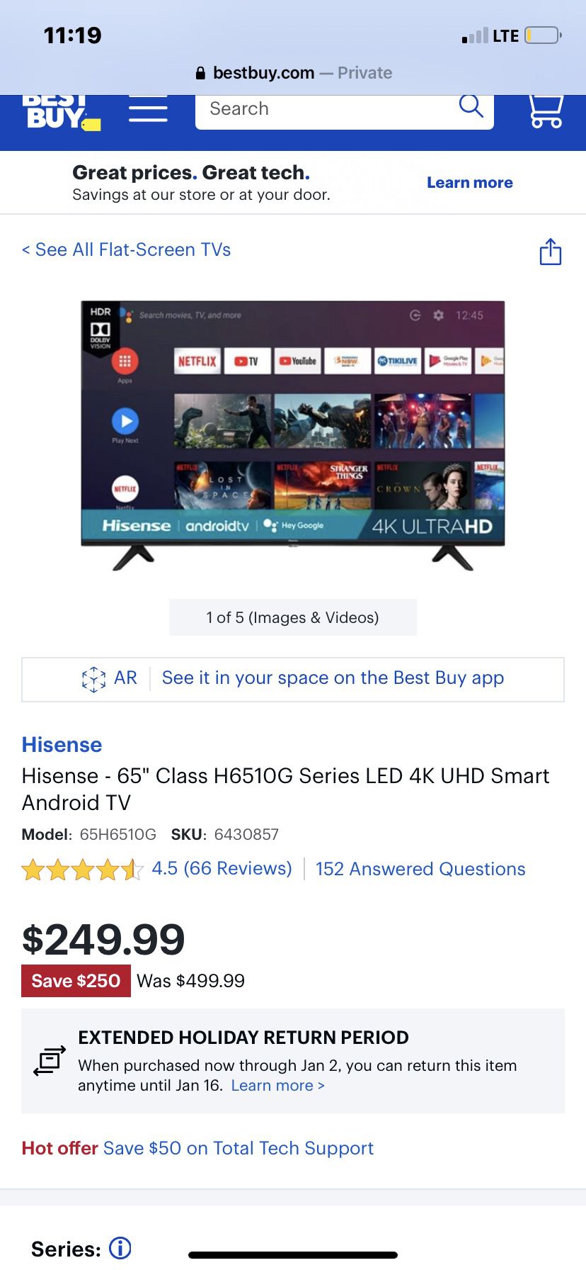 65” 6510G HiSense 4K LED UHD 4k Android Smart TV Brand new DEAL