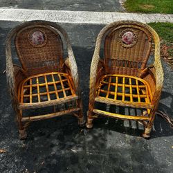 Vintage Boho Style Wicker Rattan Armchairs With Floral Upholstered