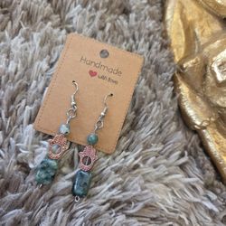 Handmade Green Jasper And Red Hamsa Earrings